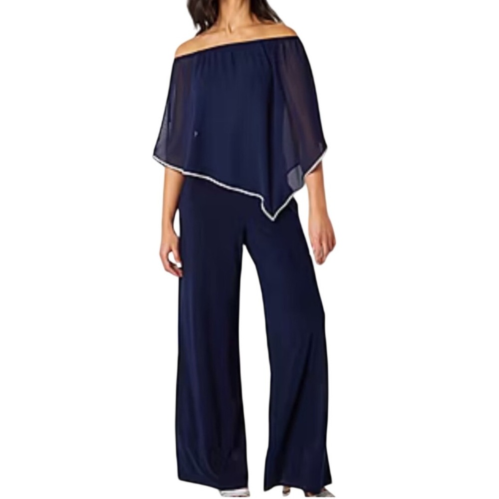MSK Rhinestone Trim off-the-shoulder Cape Navy Blue Jumpsuit Women's Size Small
